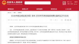《北京市碳达峰实施方案》发布，2030年可再生能源消费比重将达25%左右
